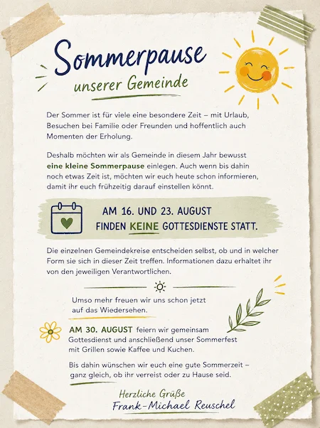 Vorschau zum verlinkten PDF-Flyer für die Gemeinde-Sommerpause im August 2026